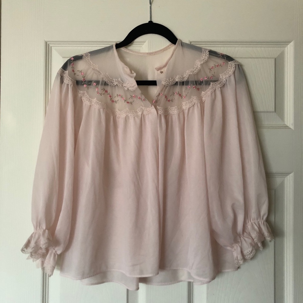 Vintage Delicate Soft Pink Lace Rose Women's Button Ruffle Quarter Sleeve Blouse